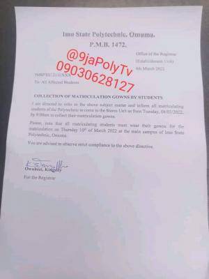 Imo Poly notice to newly admitted students on collection of matriculation gown