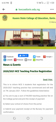 Kwara State College of Education, Ilorin notice on NCE Teaching Practice Registration, 2020/2021