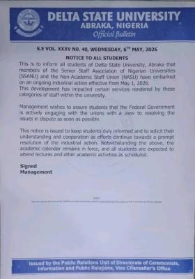 DELSU notice to Students on SSANU, NASU Strike