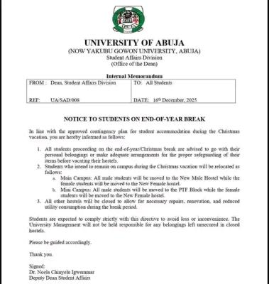 UNIABUJA update to students regarding the end of year break