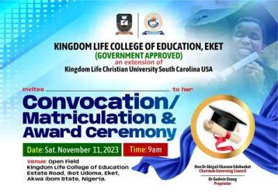 Kingdom Life College of Education Eket announces Convocation/Matriculation Ceremony