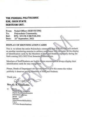 Fed Poly, Ede notice on displaying of ID card