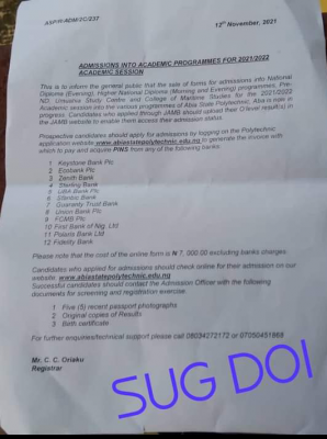 Abia State Polytechnic admission forms for the 2021/2022 academic session