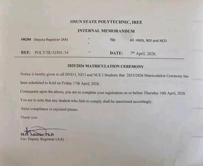 Osun State Polytechnic announces Matriculation Ceremony, 2025/2026