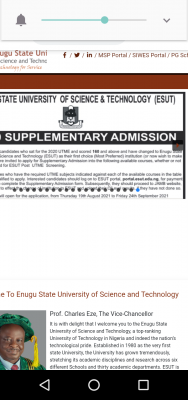 ESUT supplementary admission form for 2020/2021 session
