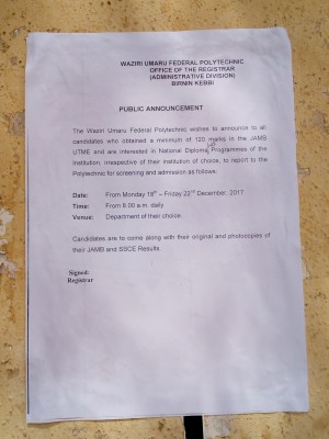 Waziri Umaru Federal Polytechnic Admission Notice To Candidates
