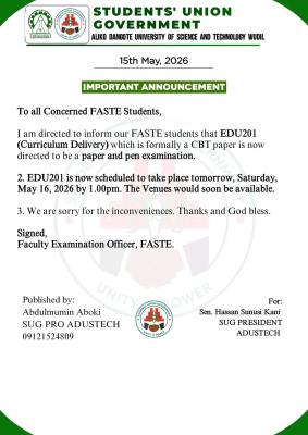 ADUSTECH SUG notice to all FASTE students on change of exam mode and schedule