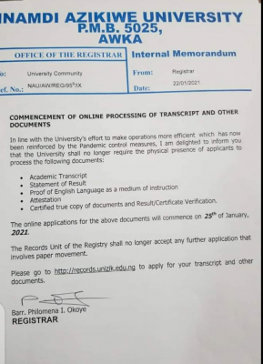 UNIZIK notice on online processing of transcripts and other documents