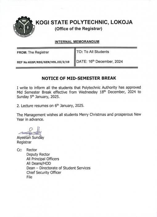 Kogi Poly announces mid-semester break