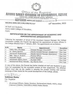 Aminu Saleh COE, Azare notification on appointment of academic & administrative appointments