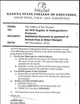Kaduna COE notice on additional channels for payment of school fees & other charges