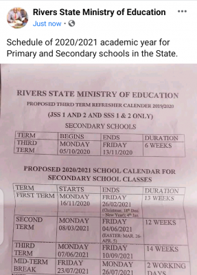 Rivers State proposed academic calendar for secondary schools