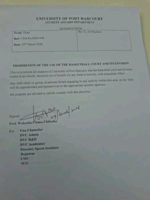 UNIPORT notice to students on prohibition of the use of the basketball court