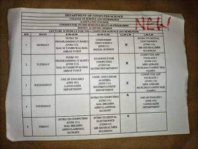 Kaduna Polytechnic 1st/3rd semester lecture timetable for 2020/2021 session