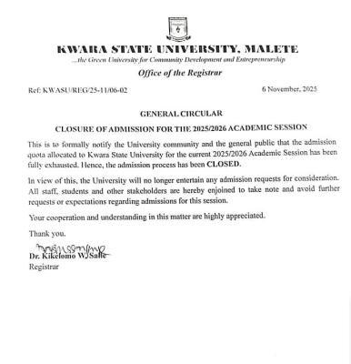 KWASU announces closure of admission process