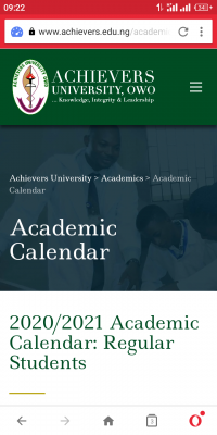 Achievers University academic calendar for 2020/2021 session