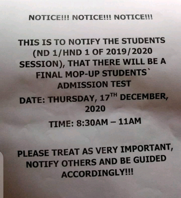 Fed Poly Oko notice to NDI and HND I students