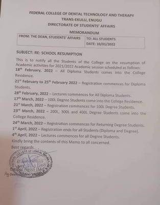 FEDCOTTEN notice on resumption of academic activities