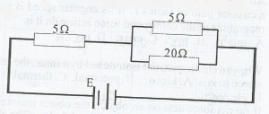 In the circuit diagram below, E is a battery of negligible internal resistance. If its emf is 9.0V. Calculate the current in the circuit