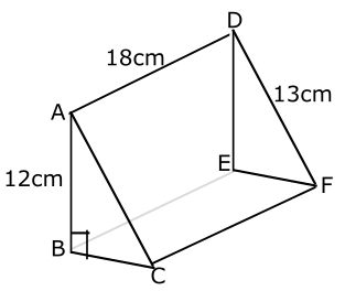 Calculate the volume of the regular three-dimensional figure drawn below, where < ABC = 90° (a right-angled triangle).